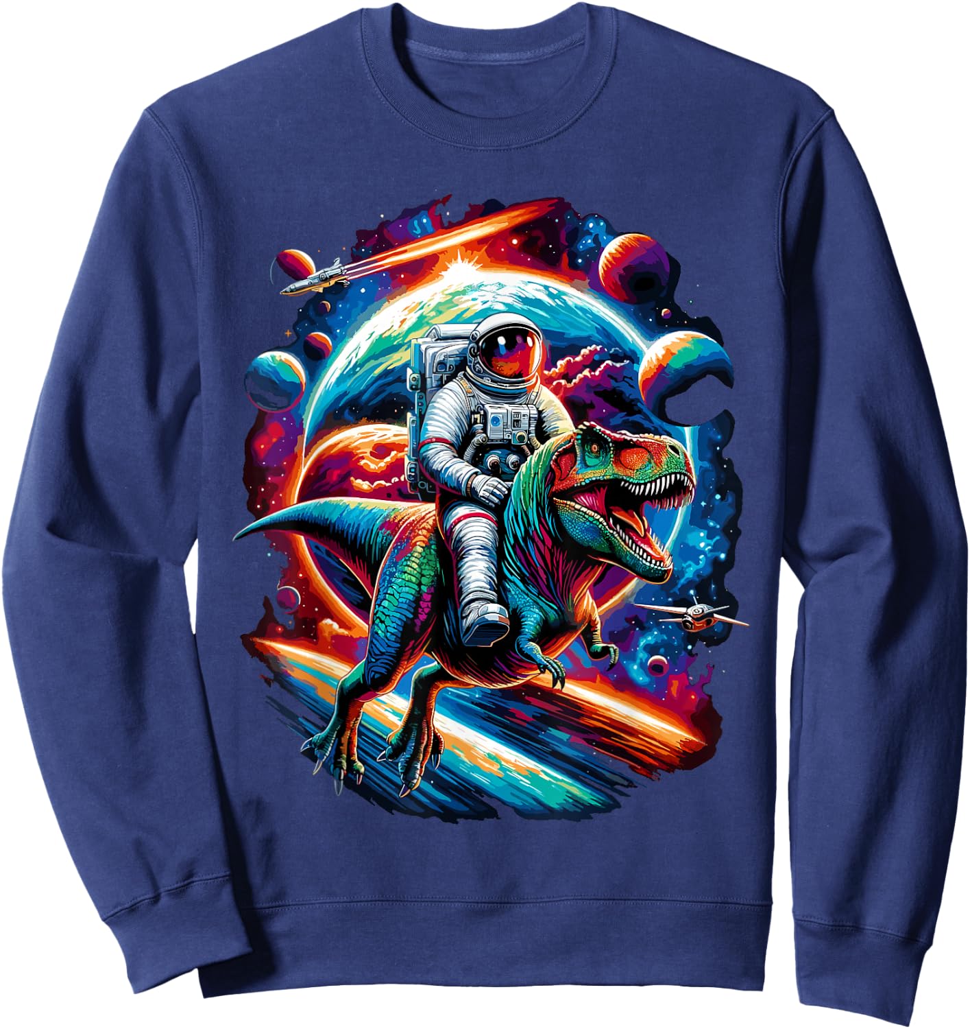Astronaut Riding T-Rex Dinosaur Space Sweatshirt - Sweatshirt | Navy