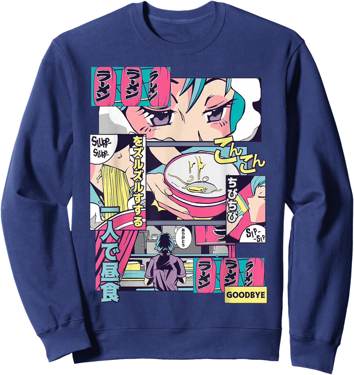 90s Japanese Vintage Kawaii Ramen Anime Manga Girl Sweatshirt - Sweatshirt | Navy