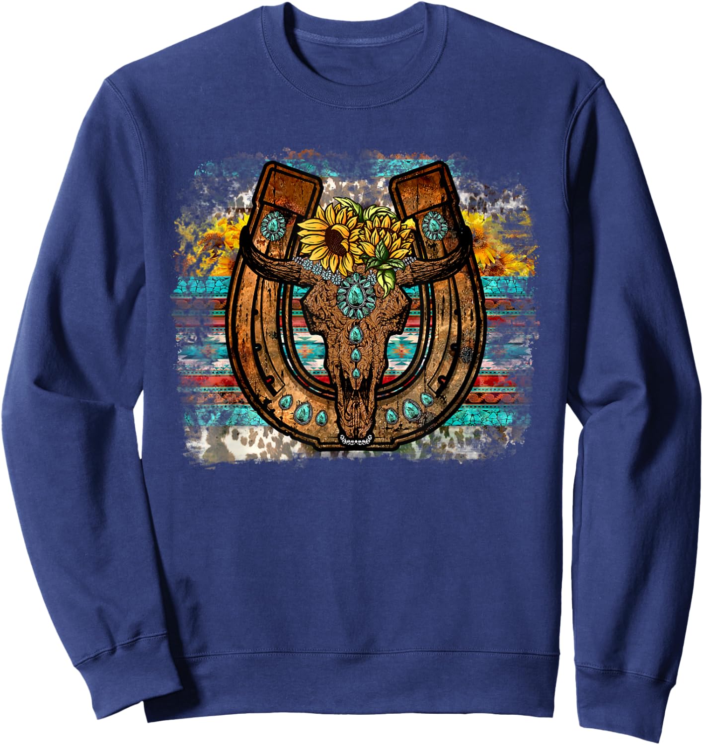 Cute Western Bull Sunflower Horseshoe Country Boho Sweatshirt - Sweatshirt | Navy