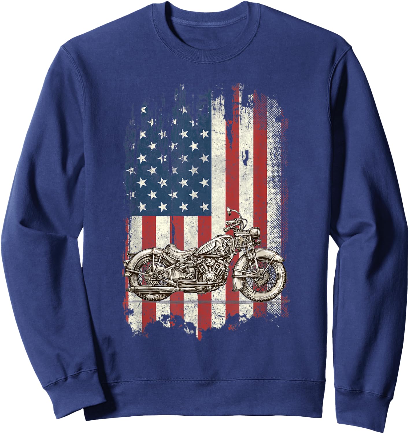 Motorcycle American Flag Distressed Vintage Biker Patriotic Women Kids Men Sweatshirt - Sweatshirt | Navy