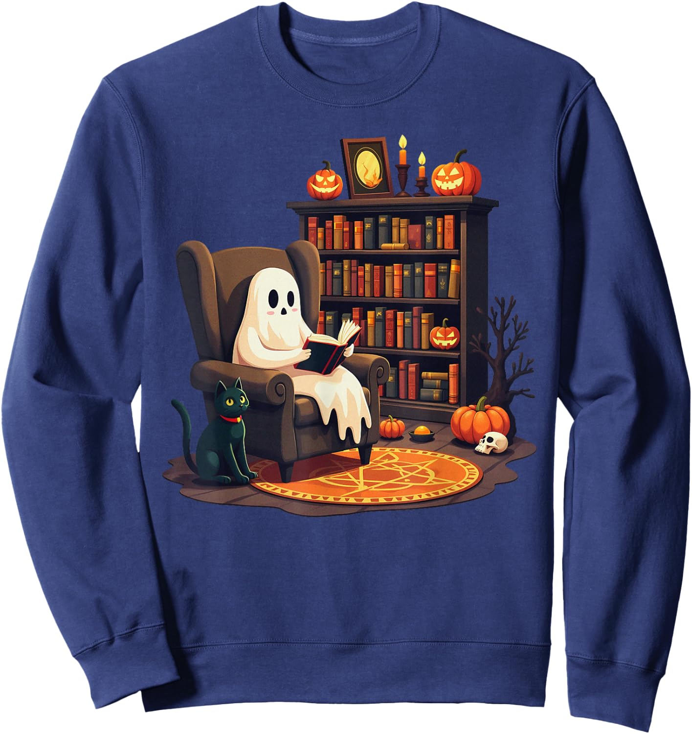 Retro Ghost Reading Books, Librarian Ghost Halloween Teacher Sweatshirt - Sweatshirt | Navy
