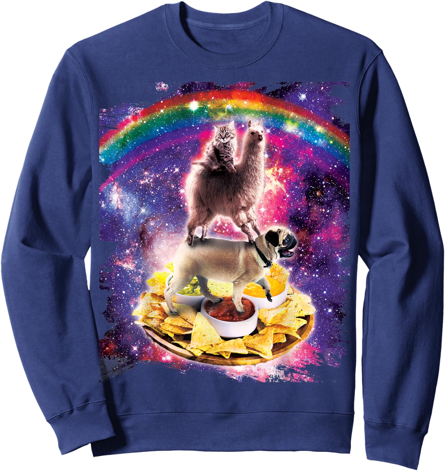 Space Cat Llama Pug Riding Nachos Men Women Kids Sweatshirt - Sweatshirt | Navy