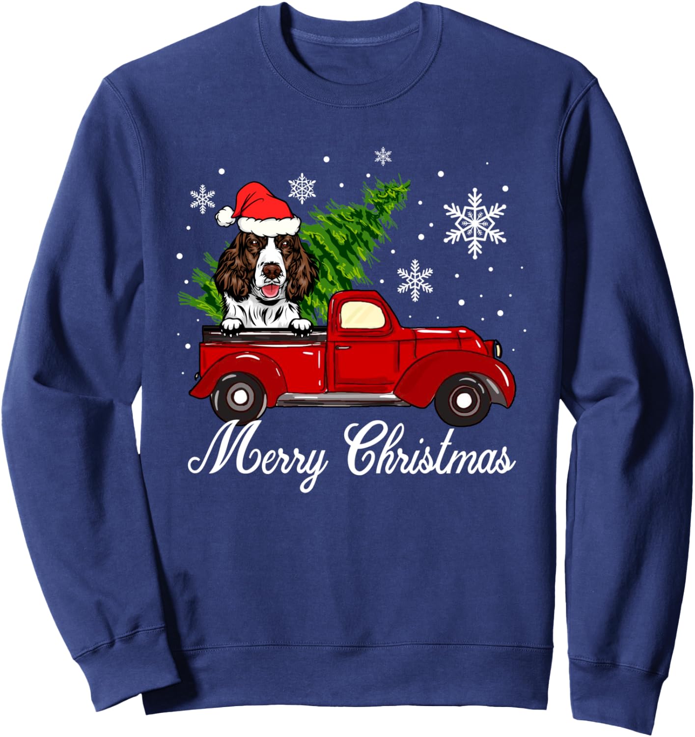 English Springer Spaniel Dog Riding Red Truck Christmas Sweatshirt - Sweatshirt | Navy
