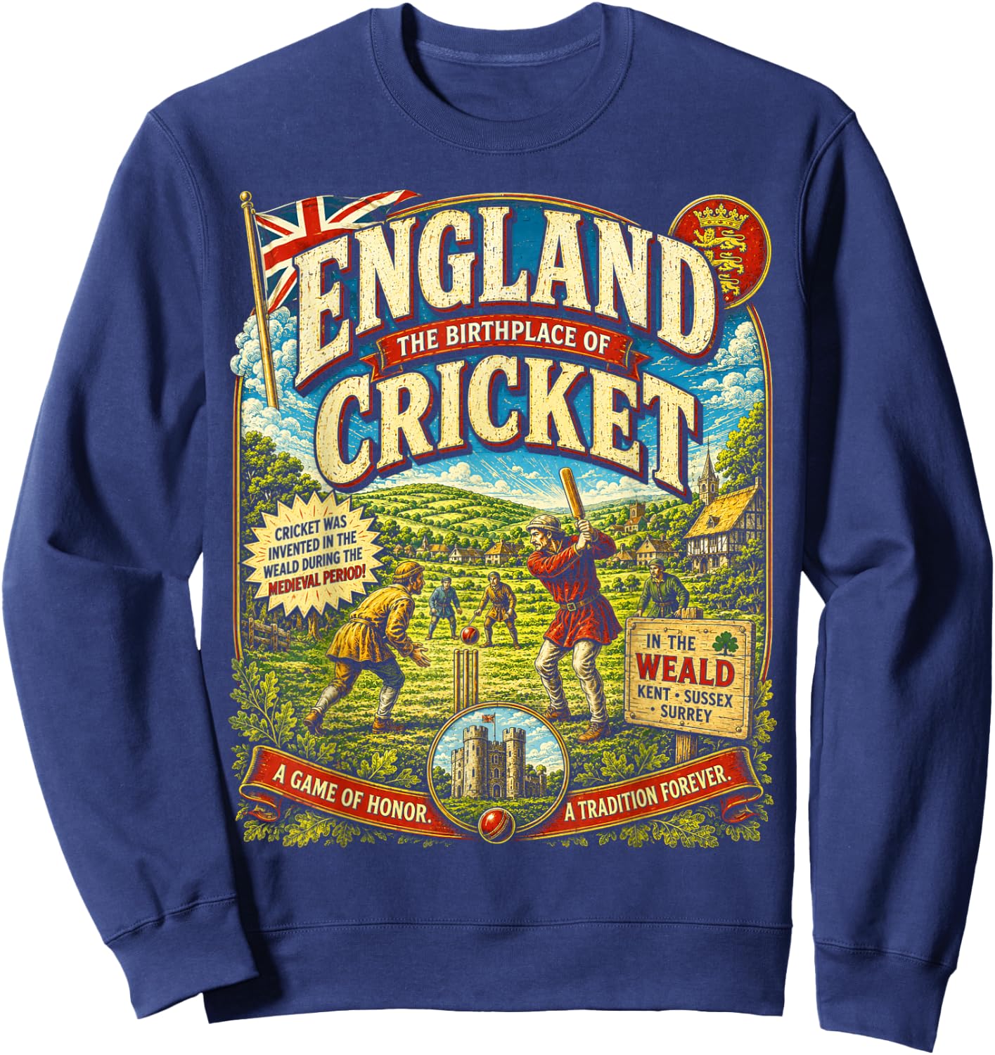 England Cricket Vintage | Birthplace of Cricket Retro Sweatshirt - Sweatshirt | Navy