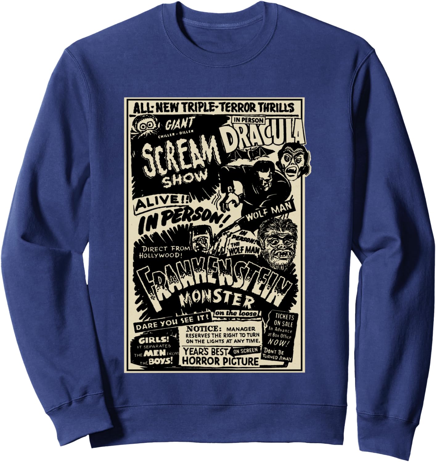 Horror Movie Monster Mummy Dracula Werewolf Frankenstein Sweatshirt - Sweatshirt | Navy