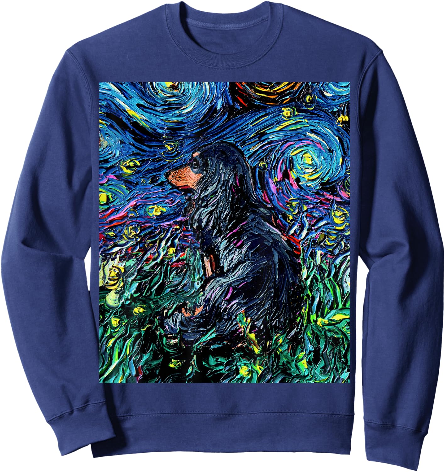 Black Long Hair Dachshund Starry Night Doxie Dog Artwork Sweatshirt - Sweatshirt | Navy