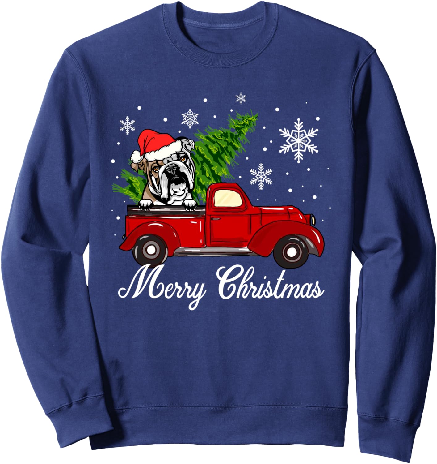 English Bulldog Dog Riding Red Truck Christmas Decorations Sweatshirt - Sweatshirt | Navy