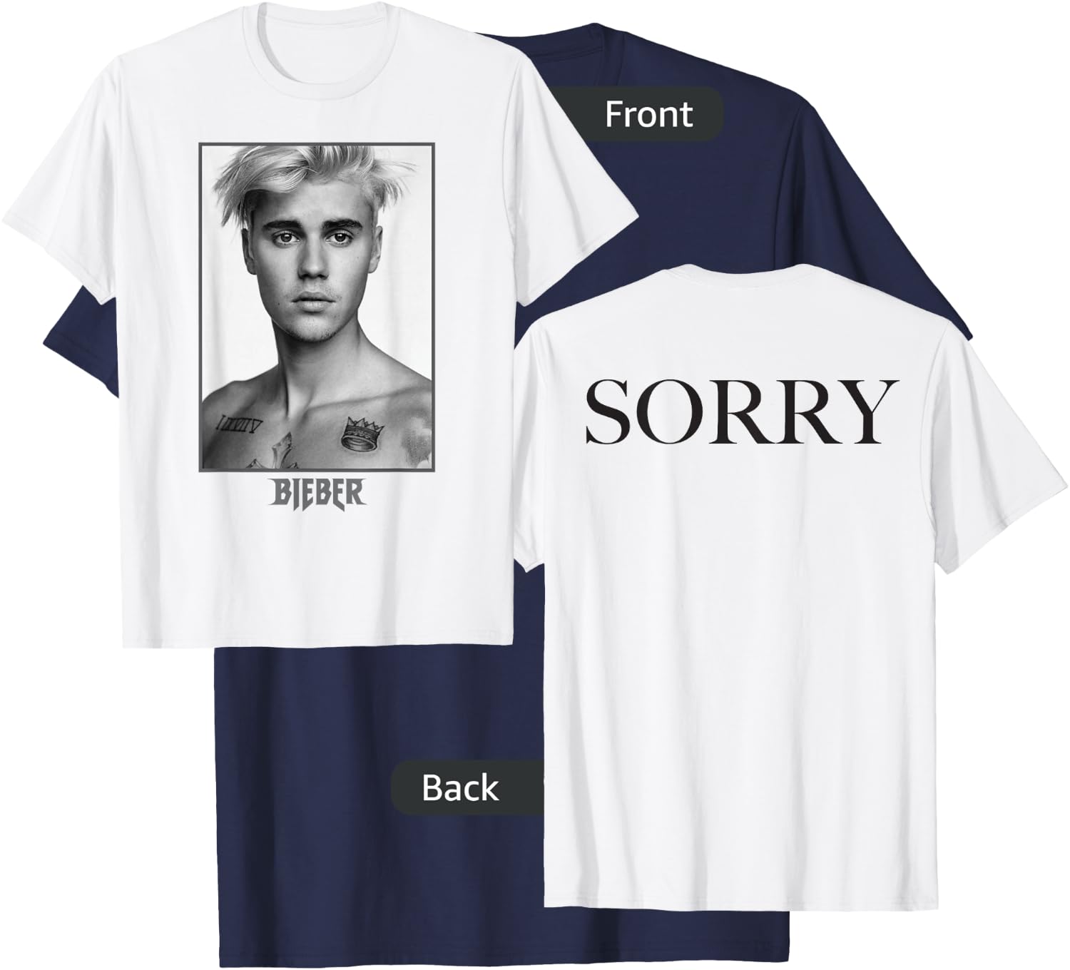 Justin Bieber Official Purpose Tour B&W Sorry Back T-Shirt - T-Shirt | Navy