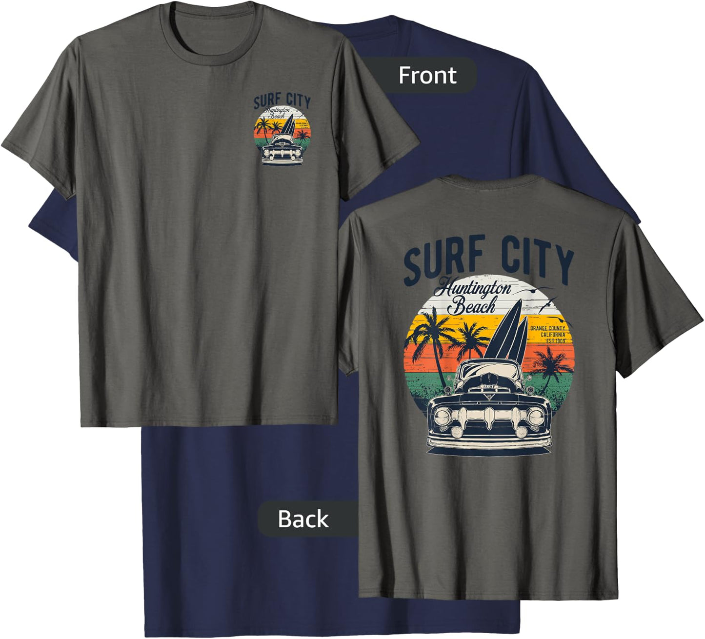 2-Sided Surf City Huntington Beach Retro Sunset '50s Truck T-Shirt - T-Shirt | Navy