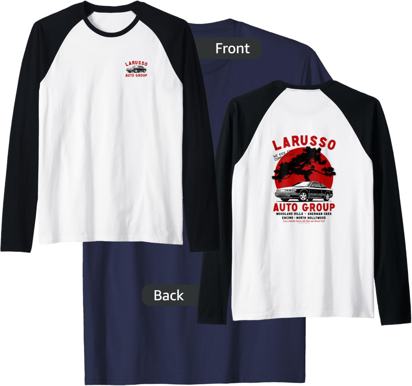 Cobra Kai Retro LaRusso Auto Group Ad Front and Back Raglan Baseball T-Shirt - T-Shirt | Navy