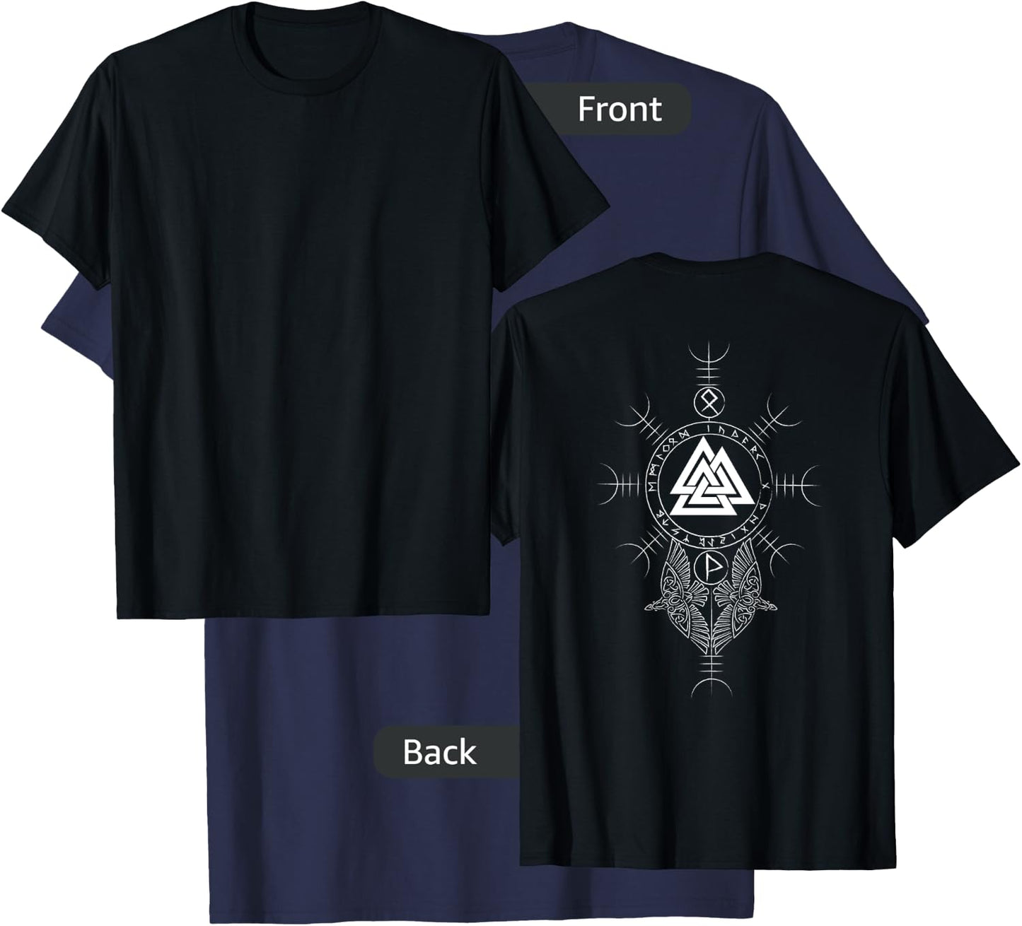 Classic Viking Symbols - Valknut - Aegishjalmur (on back) T-Shirt - T-Shirt | Navy