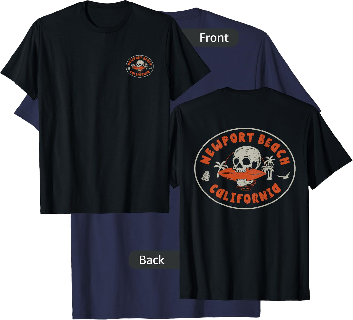 Newport Beach California CA Retro Surfer Beach Front & Back T-Shirt - T-Shirt | Navy