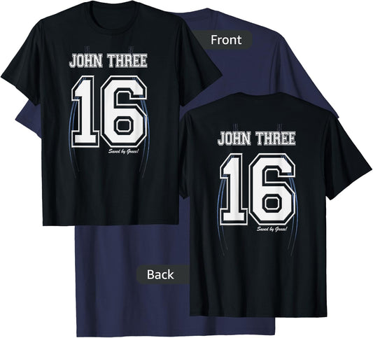 John Three 16 Christian Bible Jersey Style Double Sided T T-Shirt - T-Shirt | Navy