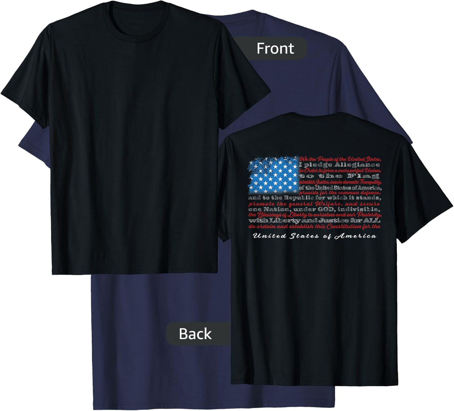 US Flag with Constitution Preamble and Pledge of Allegiance T-Shirt - T-Shirt | Navy