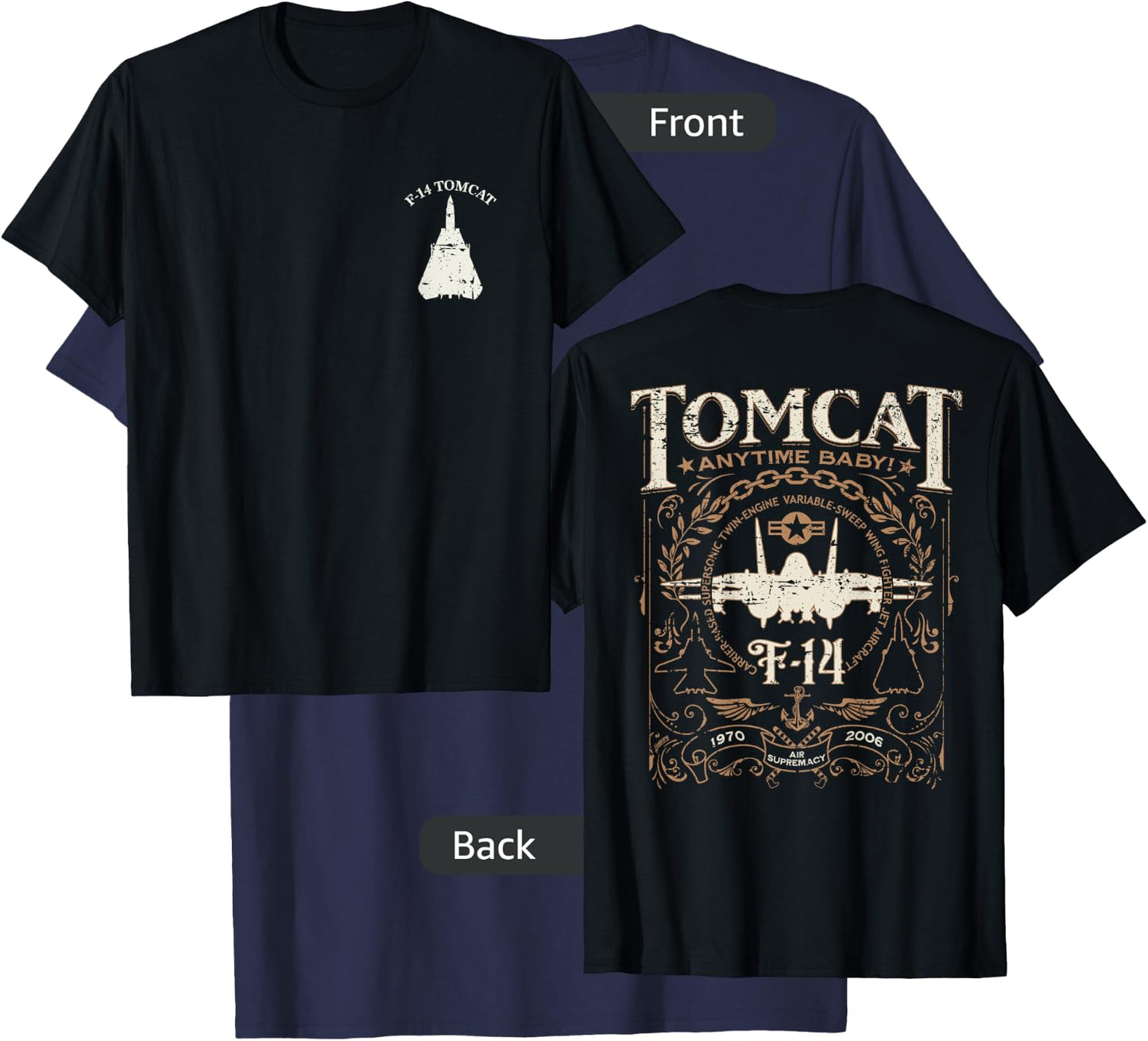 Distressed F-14 Tomcat Military Fighter Jet Front and Back T-Shirt - T-Shirt | Navy