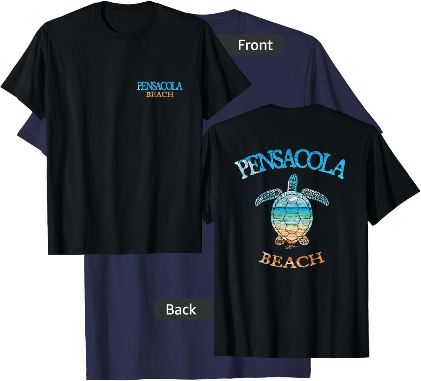 JCombs: Pensacola Beach, FL, Sea Turtle and Beach (2-Sided) T-Shirt - T-Shirt | Navy