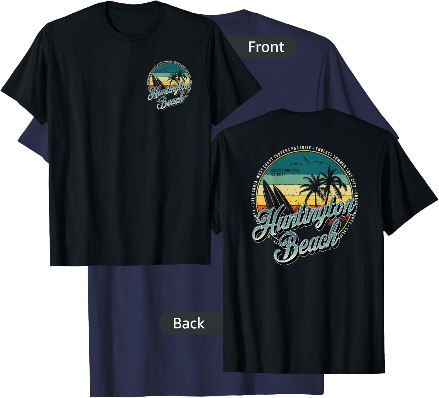 2 Sided Huntington Beach Surf City California Vintage Badge T-Shirt - T-Shirt | Navy