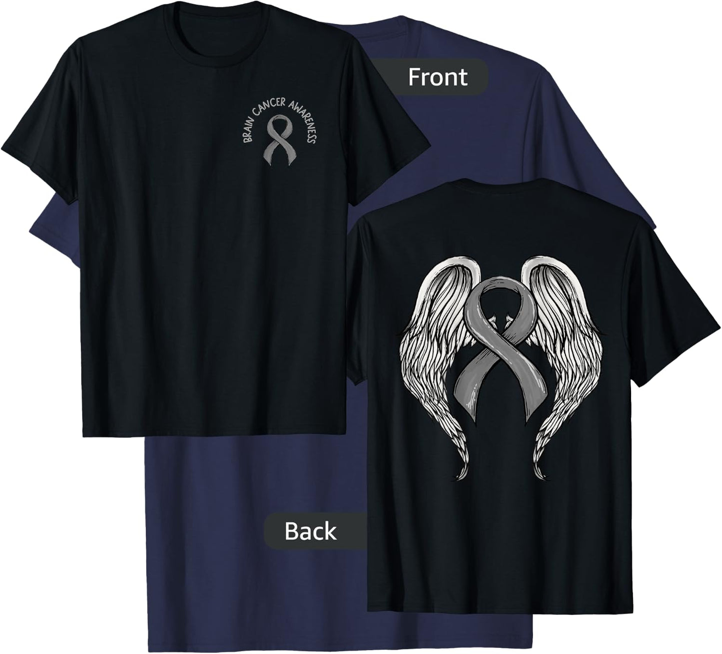 Brain Cancer Awareness, Large Memorial Wings on back T-Shirt - T-Shirt | Navy