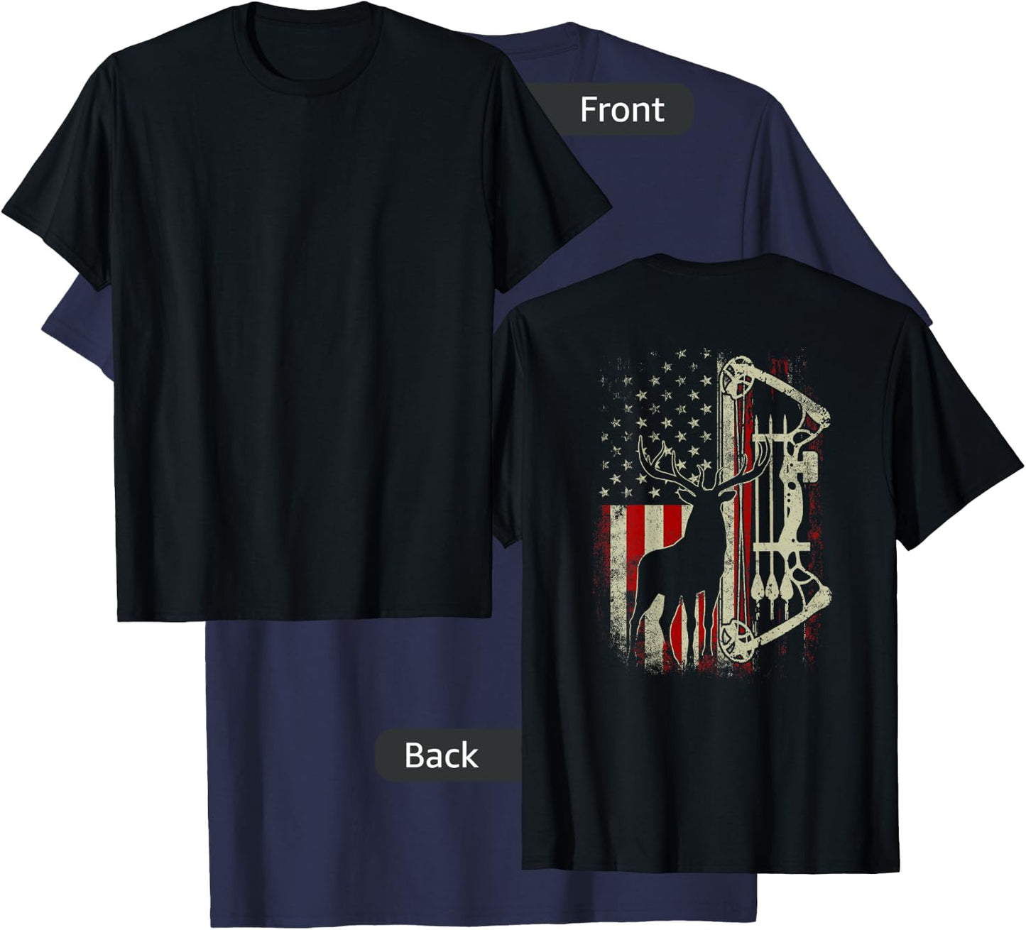 Buck Deer Hunting American Flag Funny Hunter (on back) T-Shirt - T-Shirt | Navy