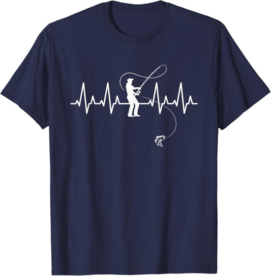 Fishing Shirt Heartbeat EKG Father's Day Gift Apparel T-Shirt - T-Shirt | Navy