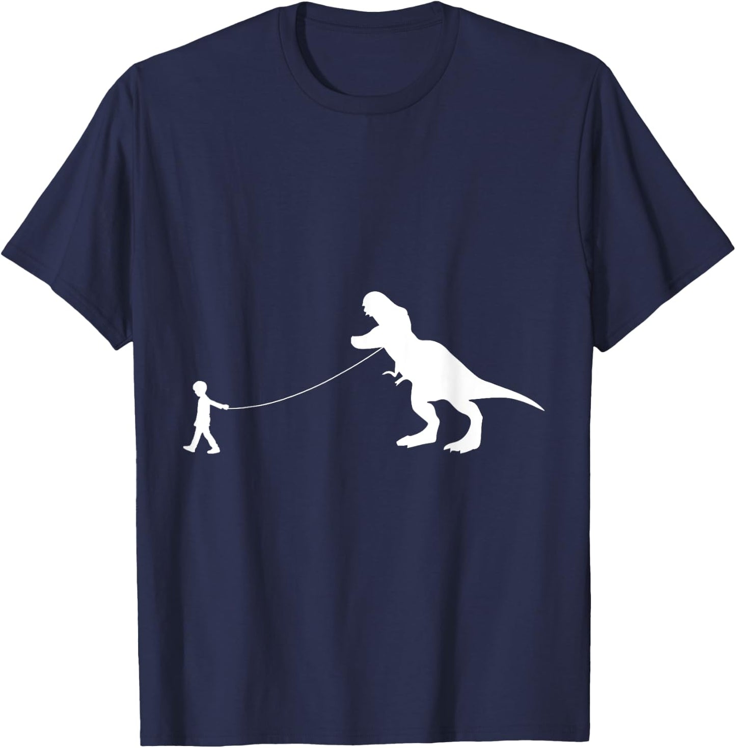T-Rex Dinosaur Pet on a Leash led by a boy with rope in Hand T-Shirt - T-Shirt | Navy