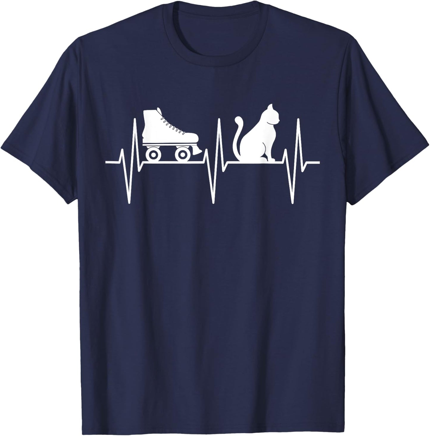 Roller Skate Shirt Funny Cat Lover Heartbeat Roller Skating T-Shirt - T-Shirt | Navy