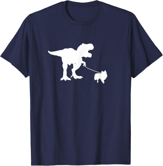 T-Rex Walking Pomeranian - Funny Dog Mom Dad Dinosaur Dino Men Women Kids T-Shirt - T-Shirt | Navy
