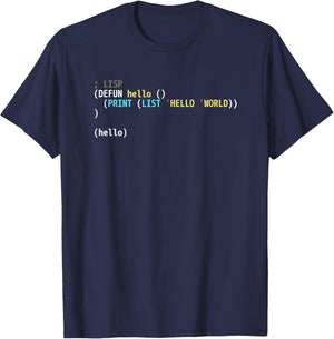 Hello World Lisp Code - Dark Syntax Scheme Coder Design T-Shirt - T-Shirt | Navy