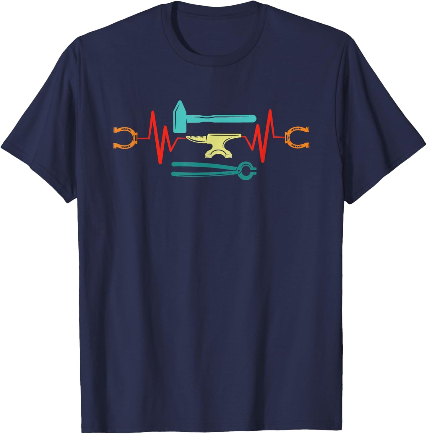 Retro Farrier Heartbeat Vintage Blacksmith Horseshoe Iron T-Shirt - T-Shirt | Navy