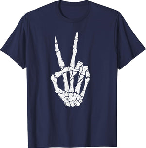Scary Halloween Skeleton Peace Hand Sign T-Shirt - T-Shirt | Navy