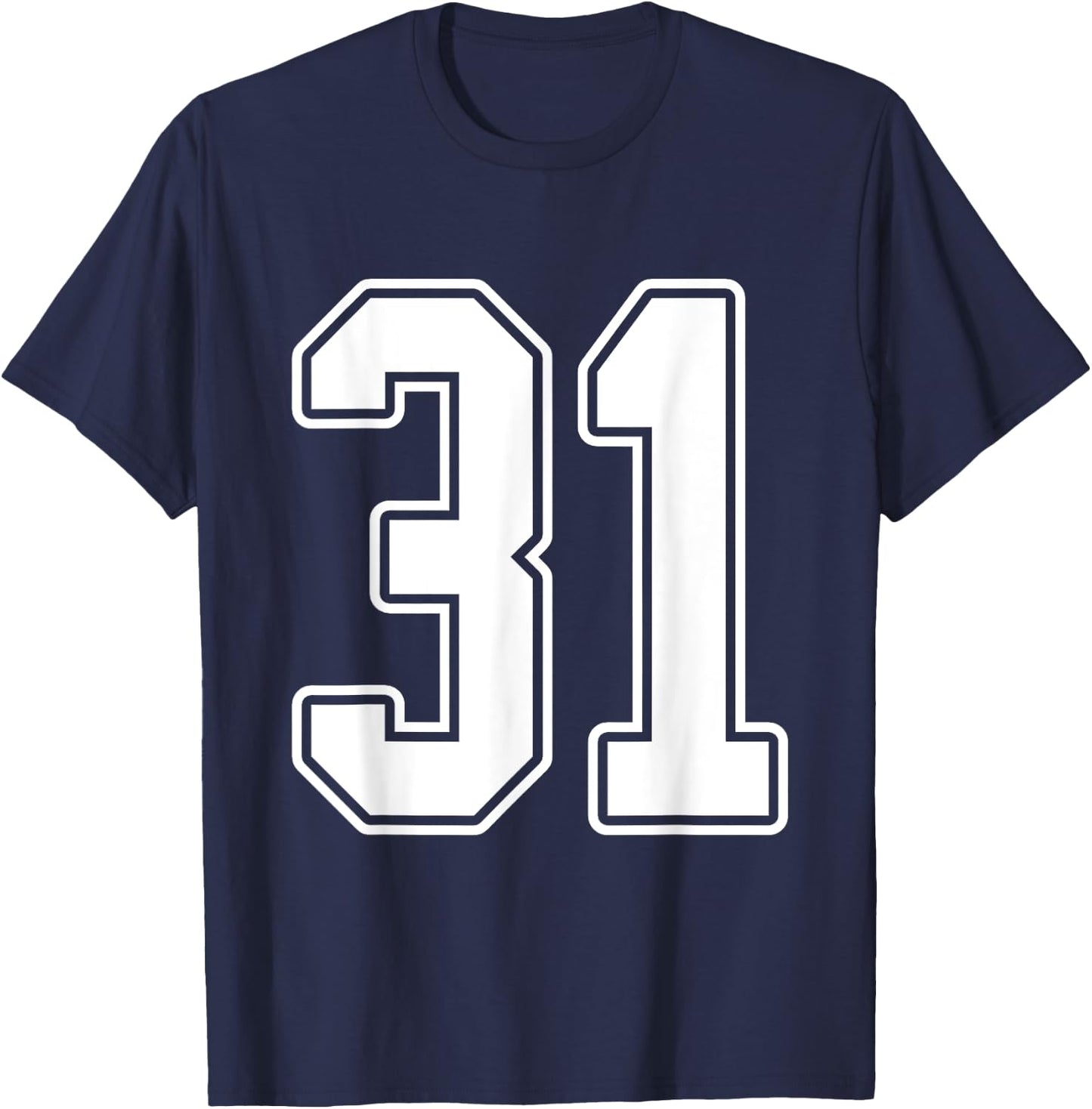 #31 White Outline Number 31 Sports Fan Jersey Style T-Shirt - T-Shirt | Navy