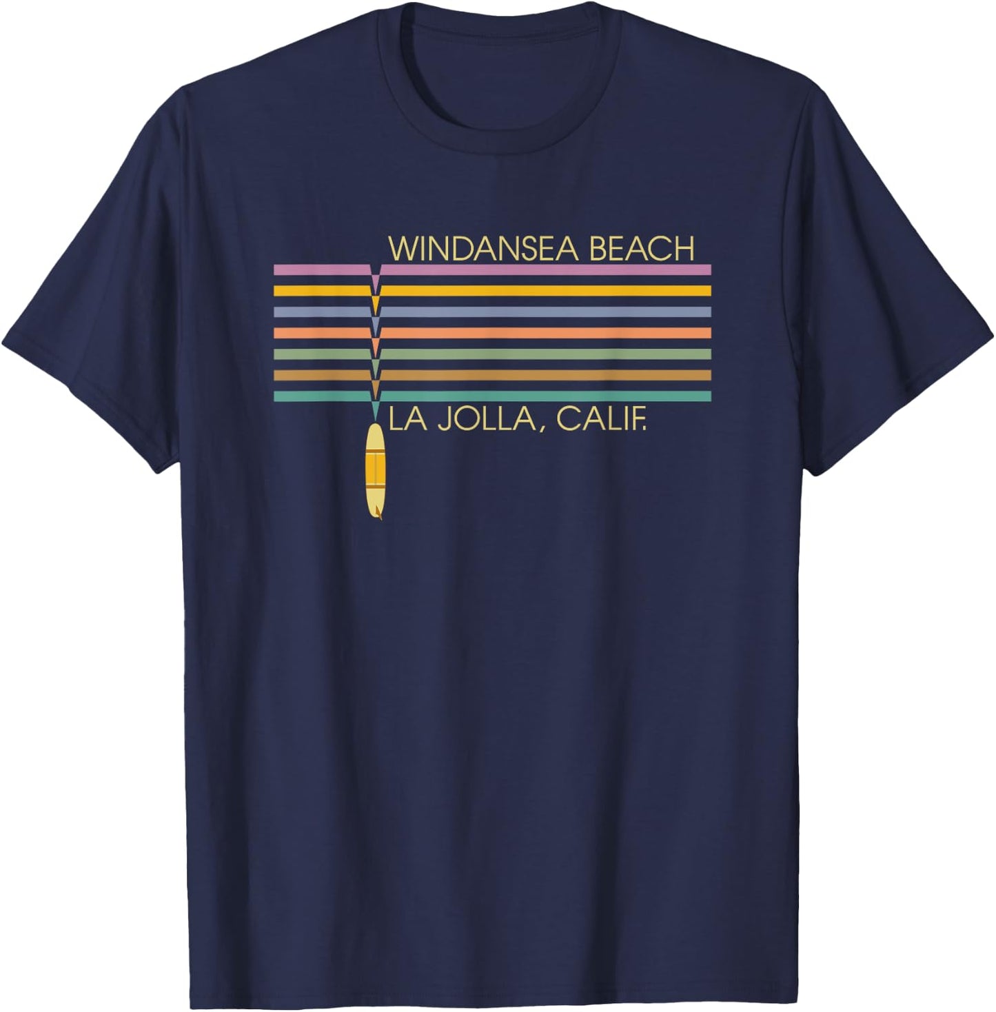 Windansea Beach California Surfing Retro Stripes Surfboard Men Women Kids T-Shirt - T-Shirt | Navy