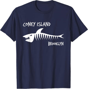 Coney Island Brooklyn Shark Skeleton White Print T-Shirt - T-Shirt | Navy