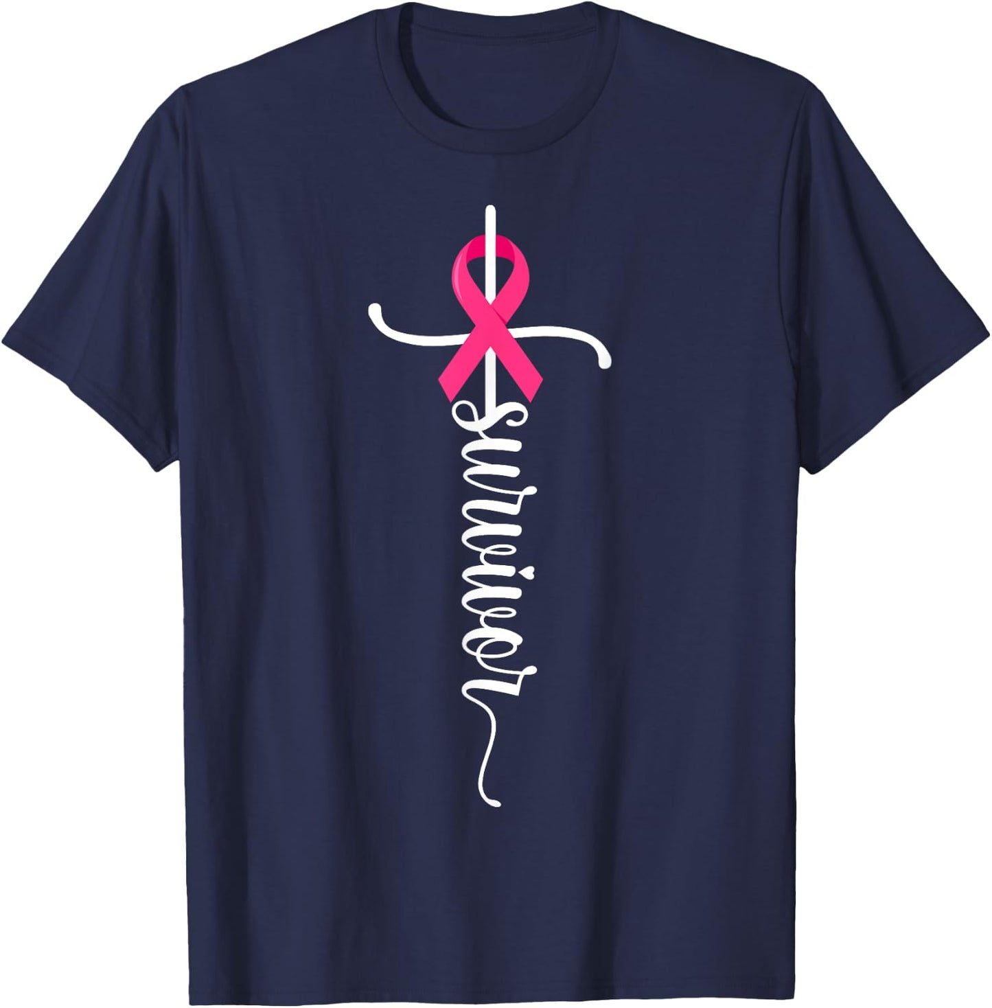 Survivor Christian Cross Warrior Pink Ribbon Breast Cancer T-Shirt - T-Shirt | Navy