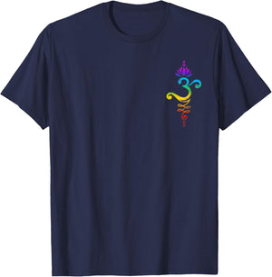 Om Mantra, yoga, symbol, lotus flower, rainbow, chakra T-Shirt - T-Shirt | Navy