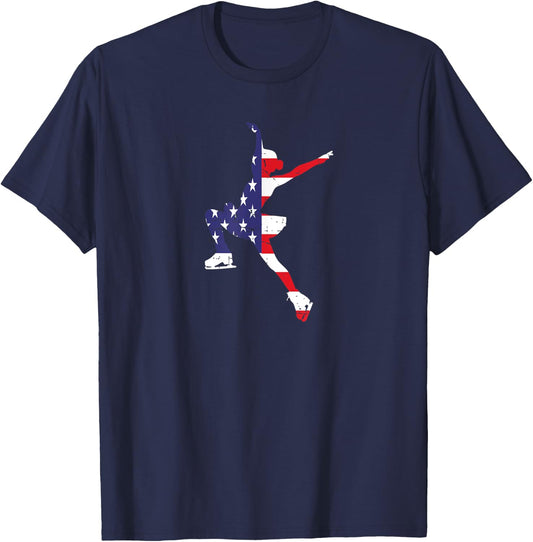 USA American Flag Girl Figure Skating Dance Ice Skater T-Shirt - T-Shirt | Navy
