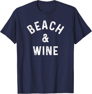 Beach & Wine Funny Wine Drinker Vacation Saying Slogan T-Shirt - T-Shirt | Navy
