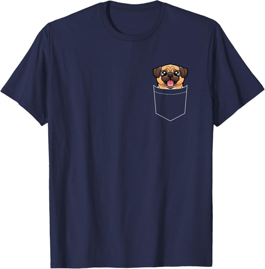 Funny Pug Pocket Design Women Cute Pug Animal Pet T-Shirt - T-Shirt | Navy