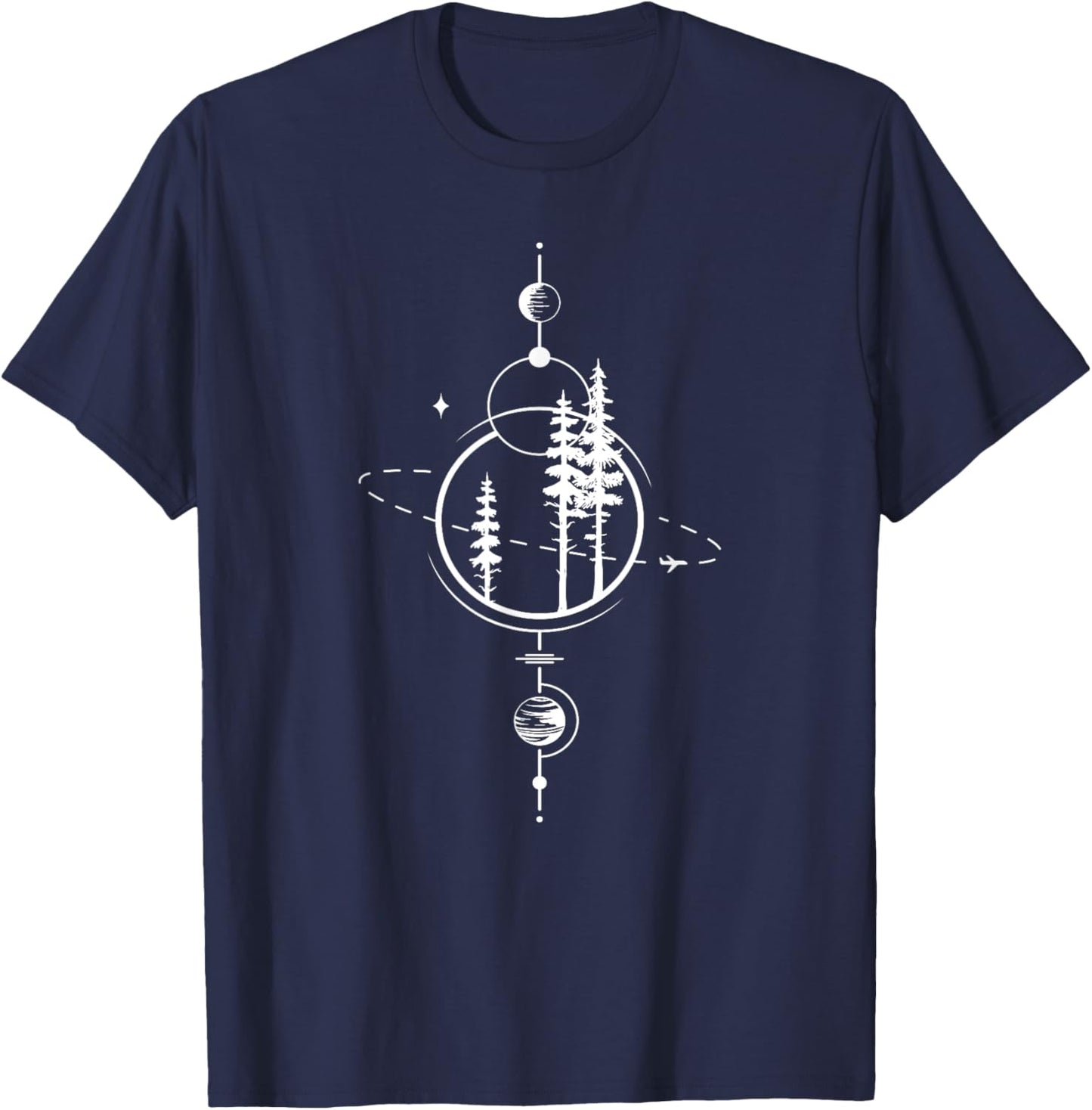 Unique Minimalist Geometry Art | Forest Space Galaxy Planets T-Shirt - T-Shirt | Navy