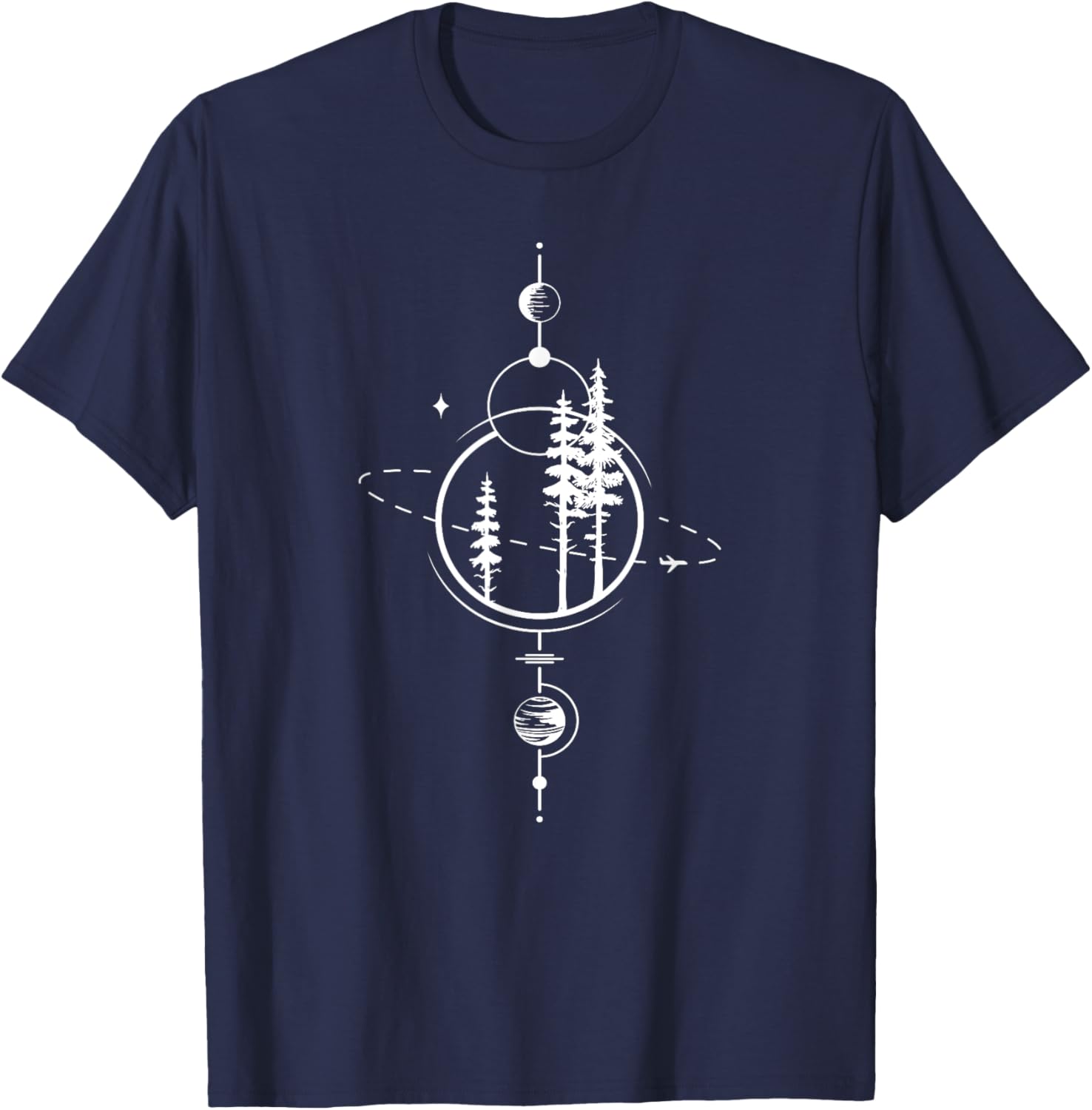 Unique Minimalist Geometry Art | Forest Space Galaxy Planets T-Shirt - T-Shirt | Navy