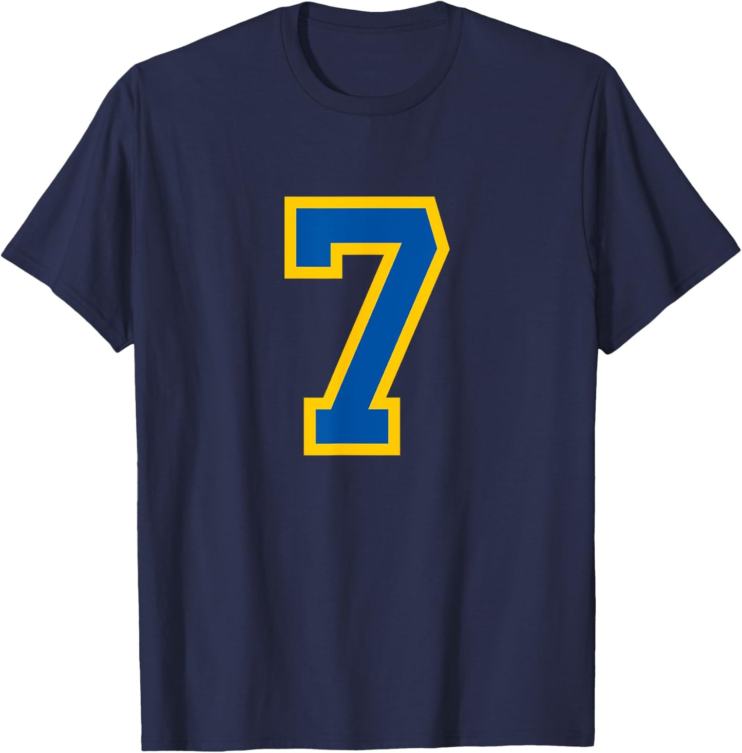 Number #7 Sport Blue Yellow Varsity Number T-Shirt - T-Shirt | Navy
