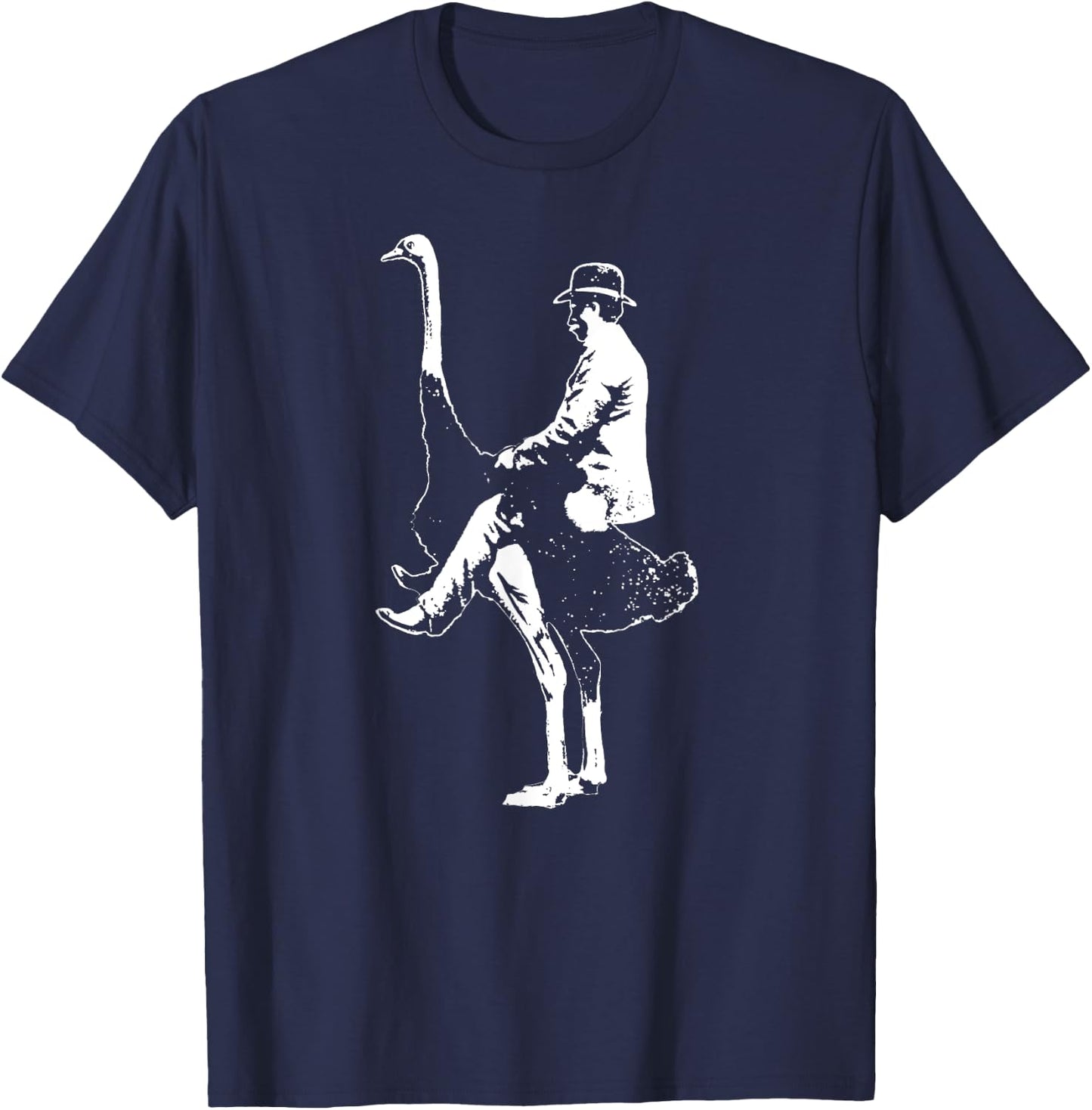 Man Riding Ostrich Funny Random Ironic Music Festival Retro T-Shirt - T-Shirt | Navy