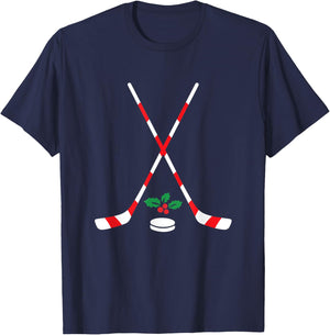 Ice Hockey Christmas Gift Candy Cane Hockey Stick Hockey T-Shirt - T-Shirt | Navy