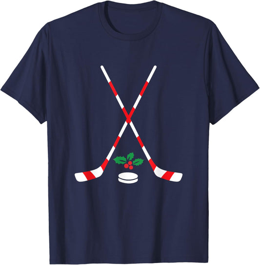 Ice Hockey Christmas Gift Candy Cane Hockey Stick Hockey T-Shirt - T-Shirt | Navy
