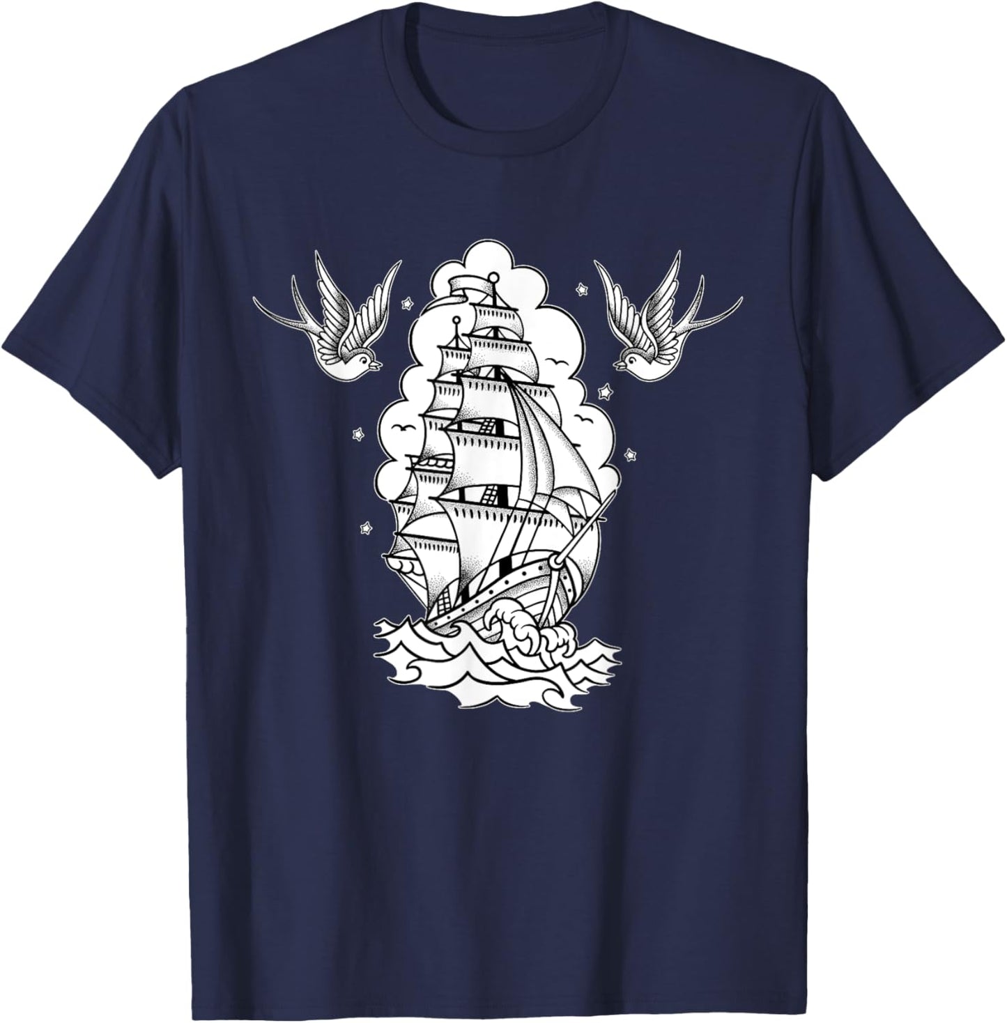 Old School Sailor Tattoo Clipper Ship and Swallows T-Shirt - T-Shirt | Navy