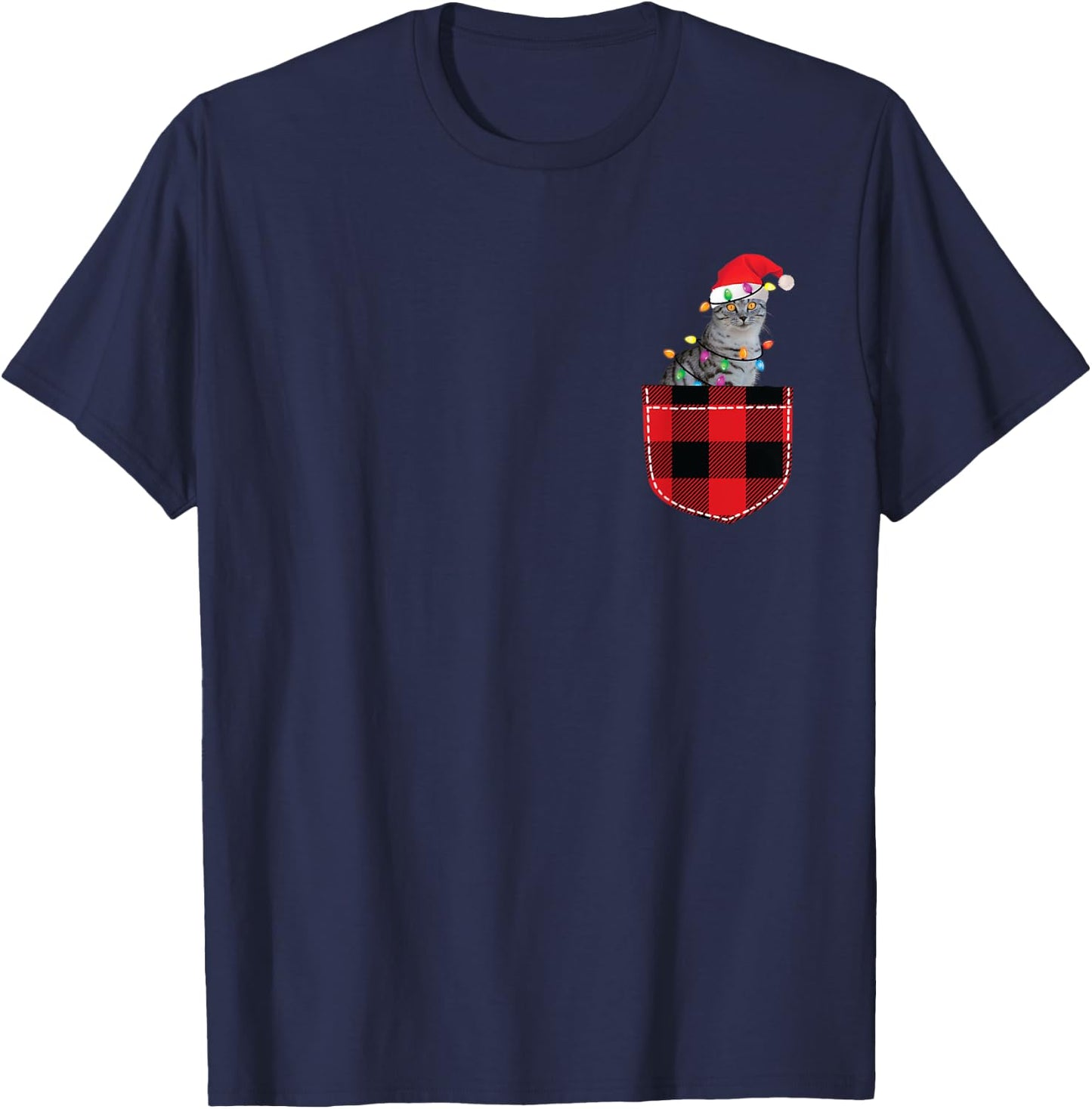 Cat in Pocket Shirt Women Men Funny Cat Christmas Plaid T-Shirt - T-Shirt | Navy