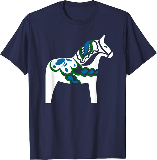 Swedish Dala Horse Sweden White Dalecarlian Horse Design T-Shirt - T-Shirt | Navy
