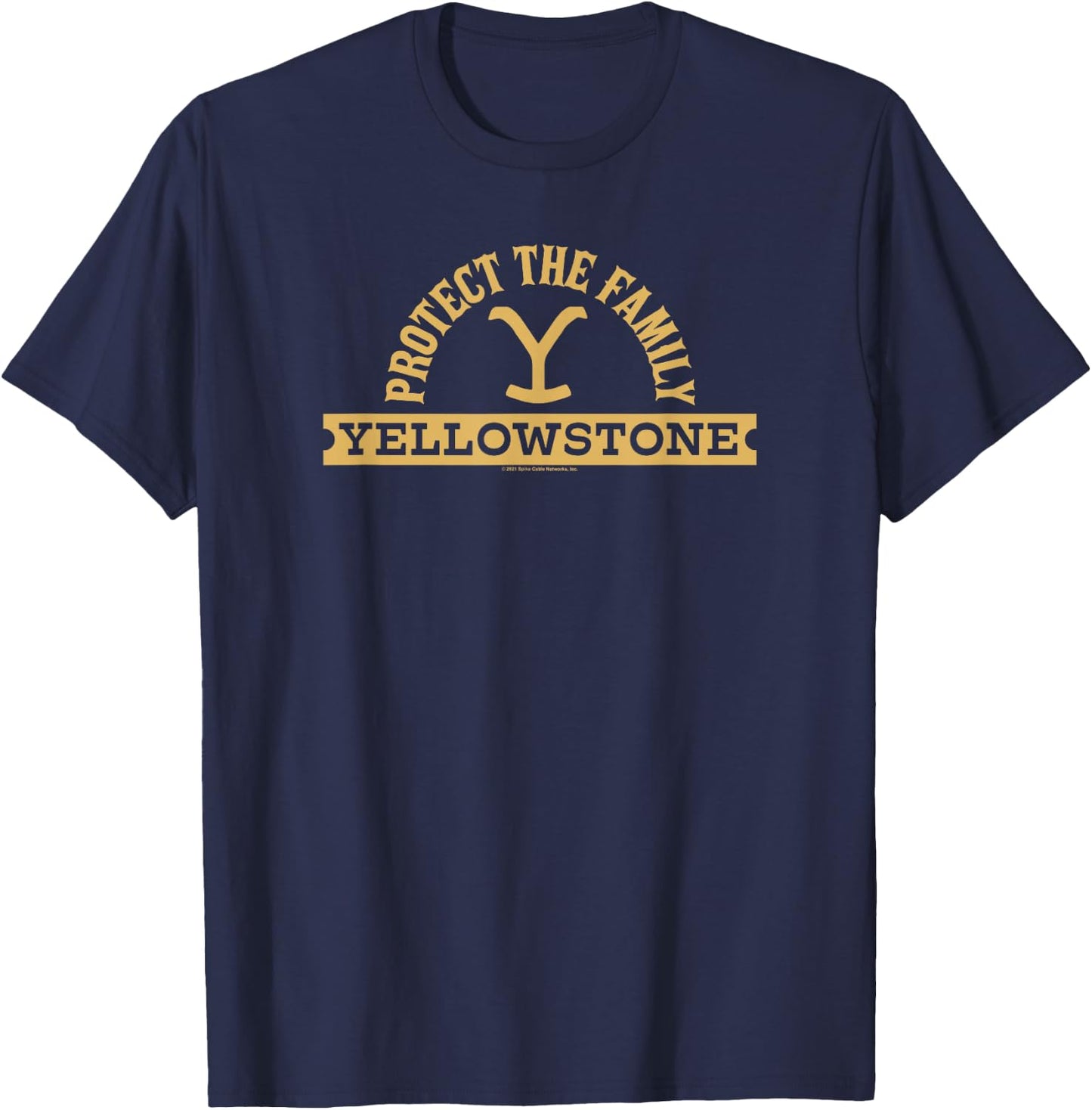 Yellowstone Dutton Ranch Protect The Family Gold Arched Logo T-Shirt - T-Shirt | Navy
