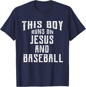 This Boy Runs On Jesus And Baseball Christian Gift T-Shirt - T-Shirt | Navy