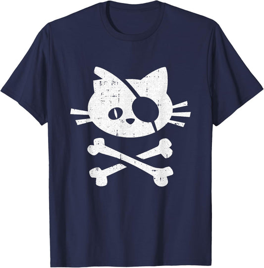 Cat Pirate Lazy Halloween Costume Kitten Skull Cross-bones T-Shirt - T-Shirt | Navy